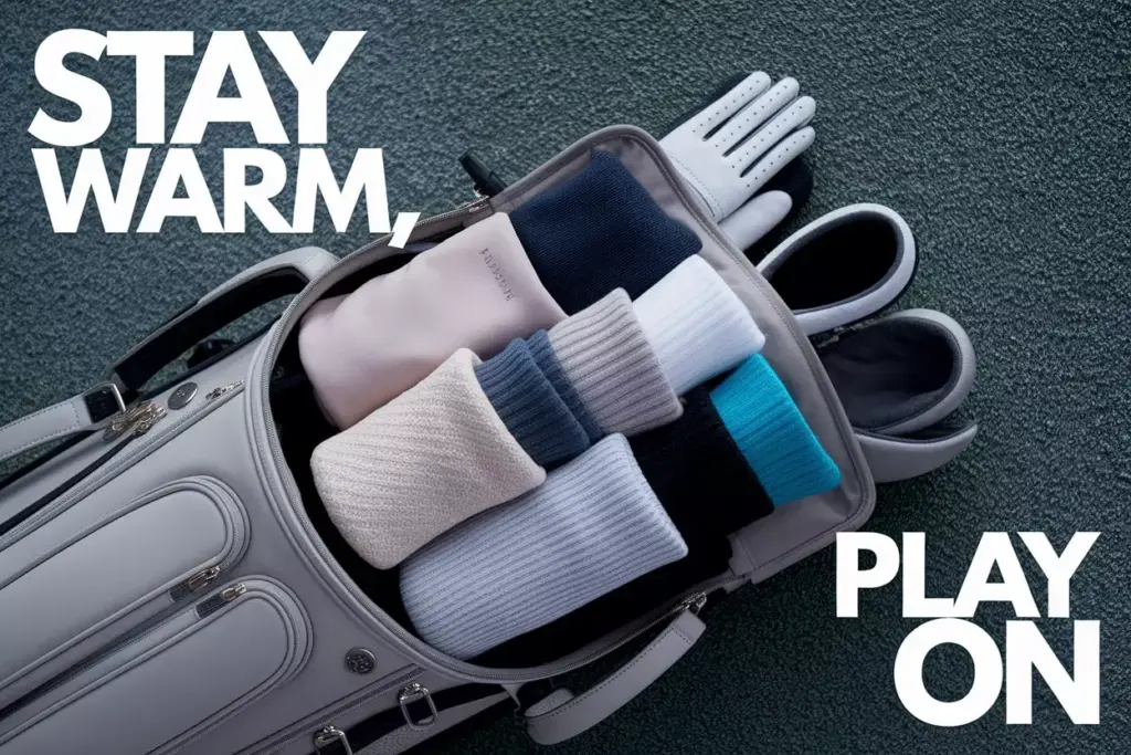 Stylish womens golf bag with essential cold weather gear flat lay on frosty fairway