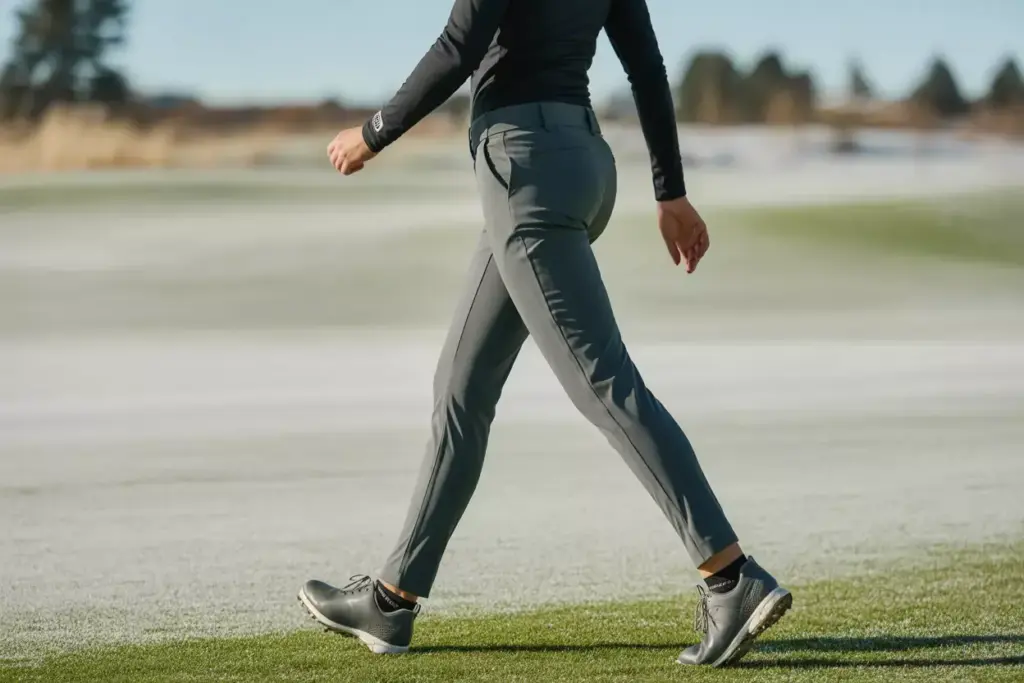 Woman golfer walking in fitted thermal golf pants on frosty course