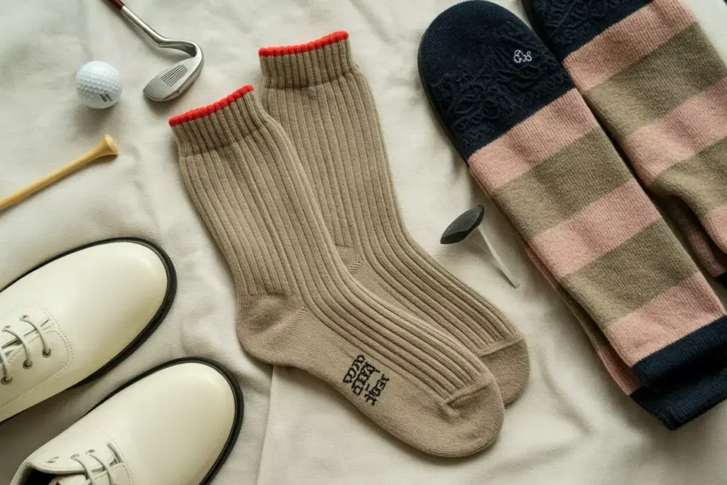 Thermal wool golf socks laid next to waterproof golf shoes flatlay