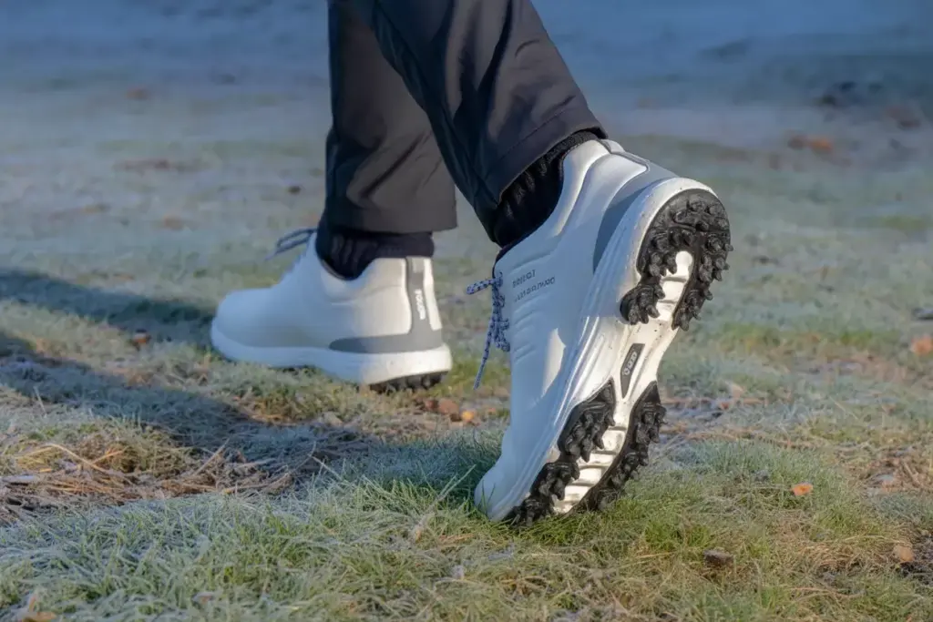 Waterproof golf shoes with aggressive tread on frosty ground