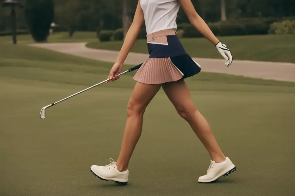 Woman walking in pleated golf skort on fairway lifestyle