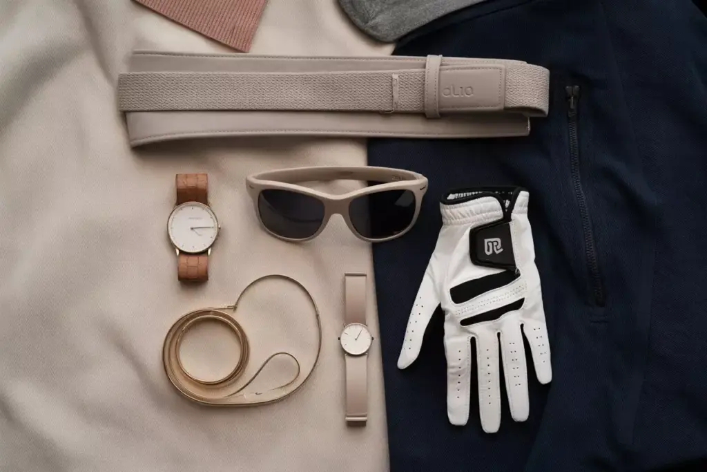 Flat lay of golf accessories belt glove sunglasses watch