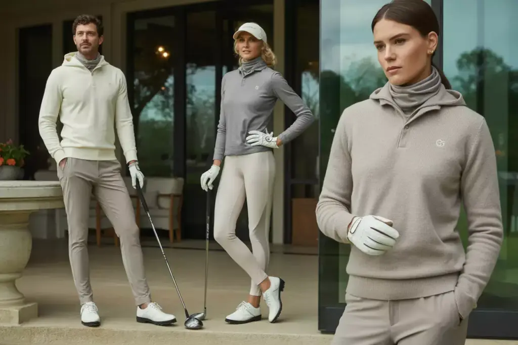 A Woman In A Luxury Cashmere Blend Thermal Hoodie And Leggings At An Upscale Golf Club