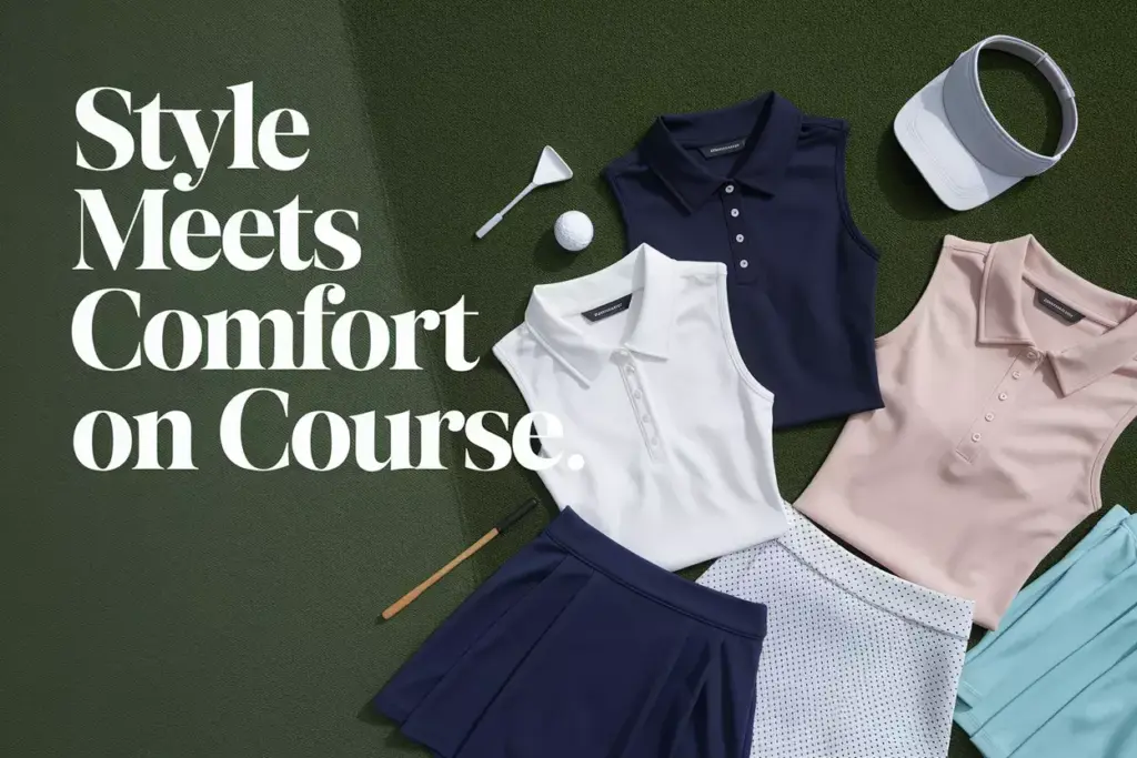 Confident plus size golfer wardrobe flat lay on green