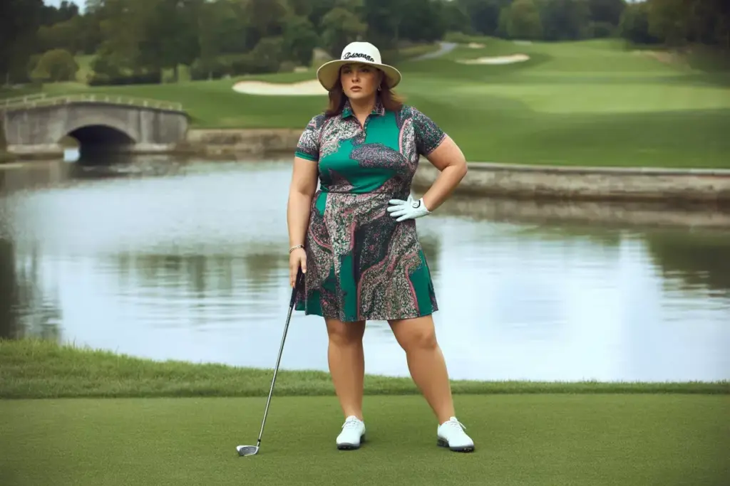 Plus size golfer bold statement dress scenic course portrait
