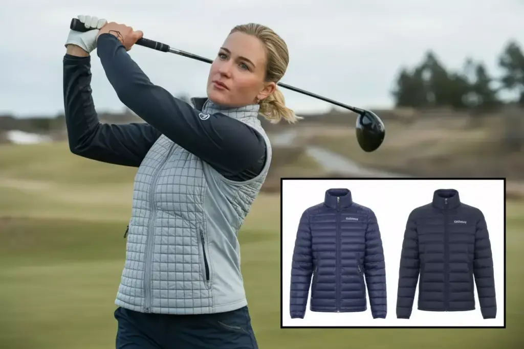 Golfer swinging wearing stretch fleece mid layer action shot