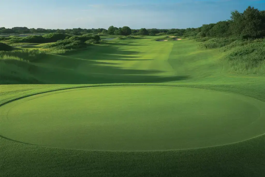 Championship Golf Course Immaculate Fairway Leading To Pristine Green