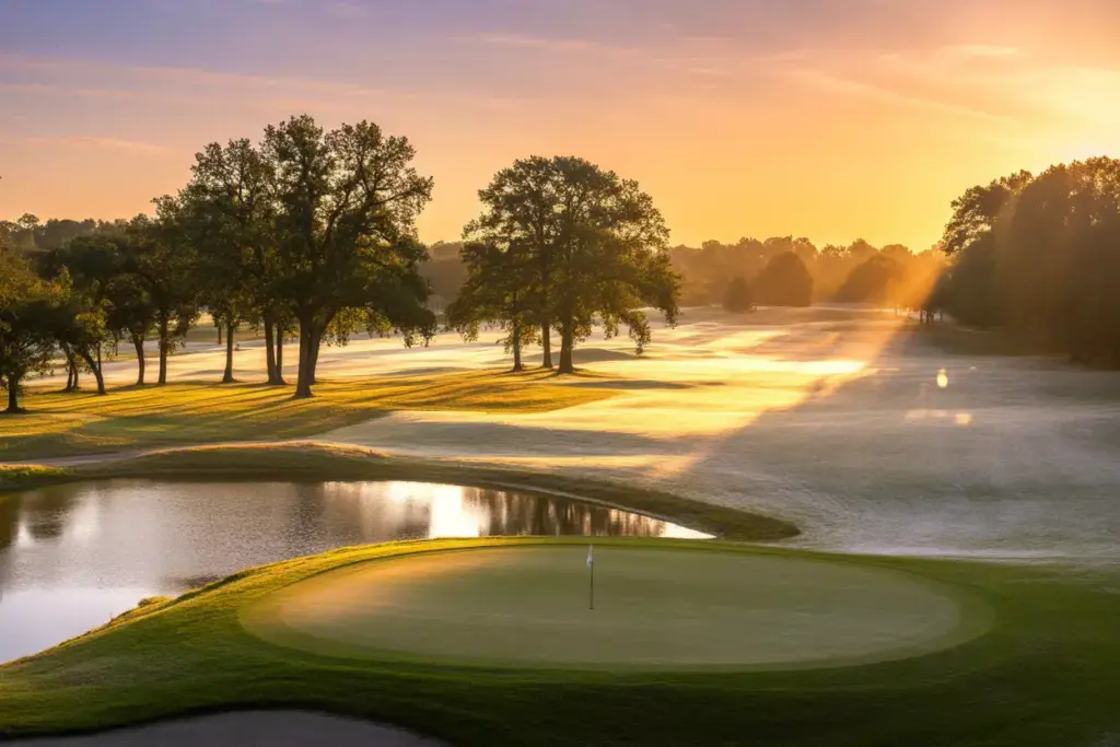 Golden Hour Sunrise Over Manicured Fairways With Water Hazard Reflection And Dramatic Silhouetted Trees