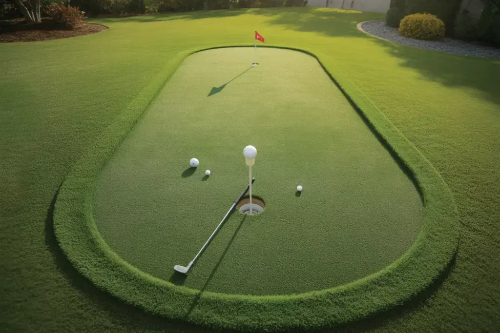 Portable Artificial Turf Putting Green With Hole Cup And Golf Ball In Sunny Backyard