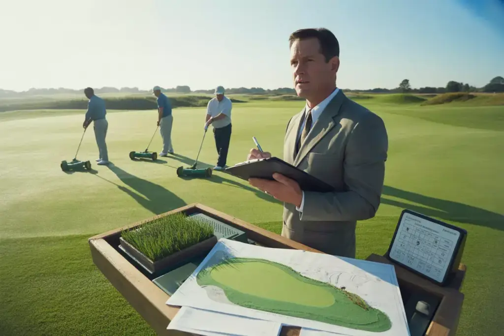 Professional Superintendent Oversees Maintenance Team On Manicured Green