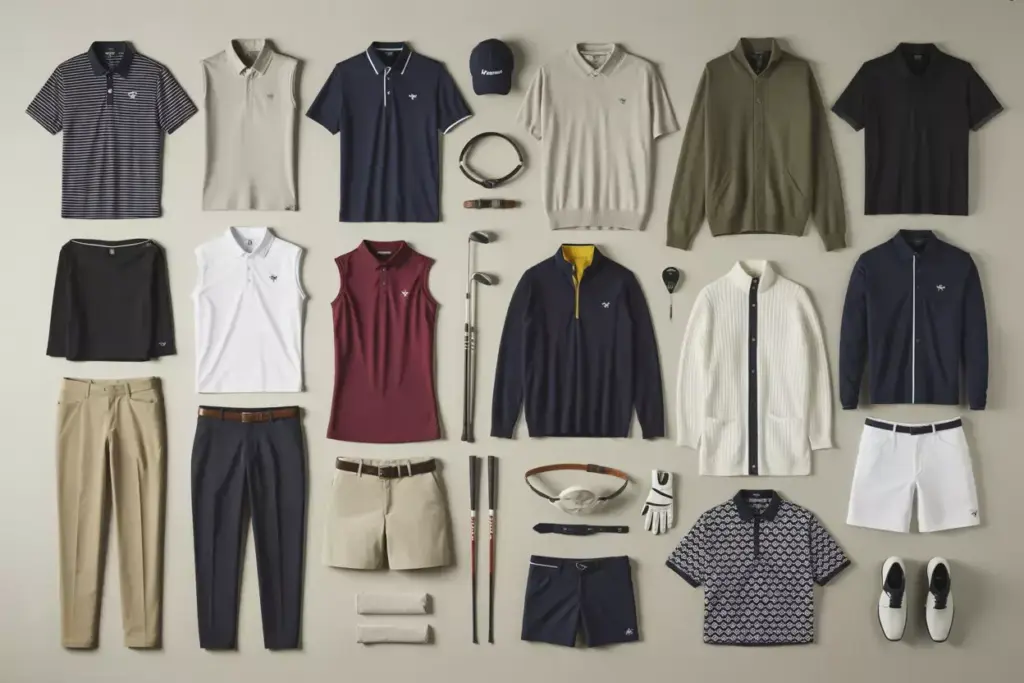 Overhead flat lay of a curated versatile golf capsule wardrobe