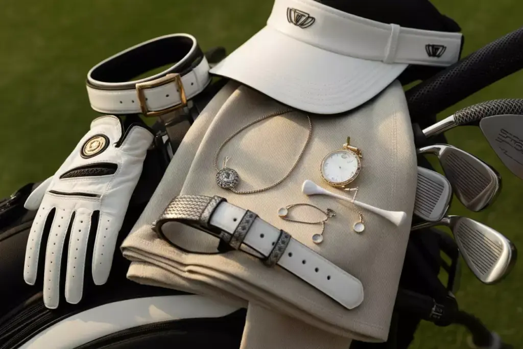 Arrangement of premium golf accessories on a stylish golf bag