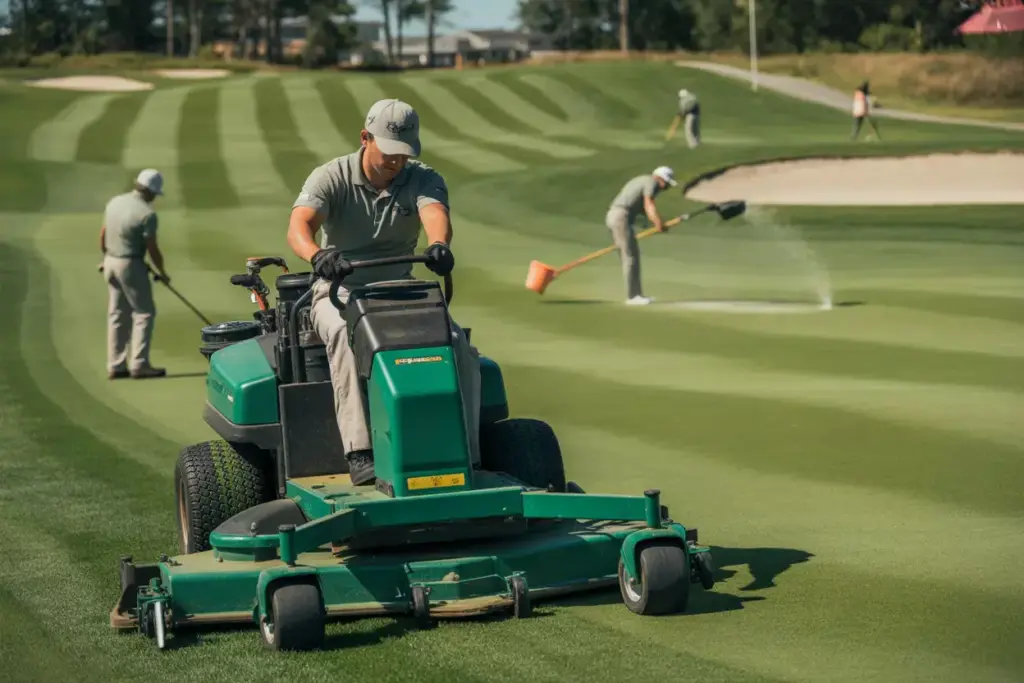 Crew Member Operates Specialized Mower On Striped Fairway