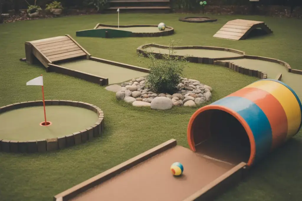 Diy Backyard Mini Golf Course With Pvc Tunnel Wooden Ramp And Stone Hazards