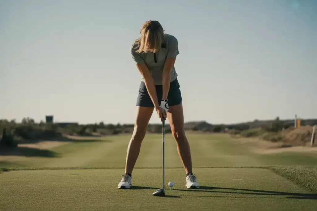 Female Golfer In Perfect Address Posture With Hip Hinge And Balanced Stance On Range