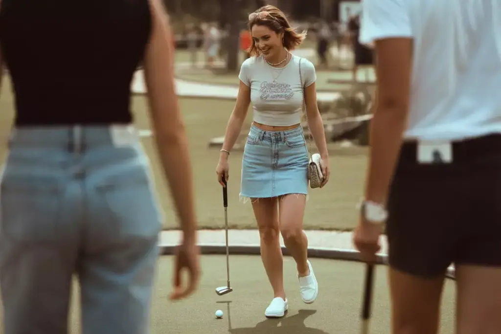 High Waisted Denim Shorts And Crop Top Mini Golf Date