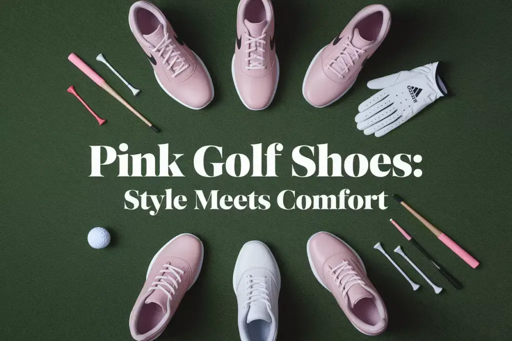 Pink golf shoes overhead flat lay on putting green