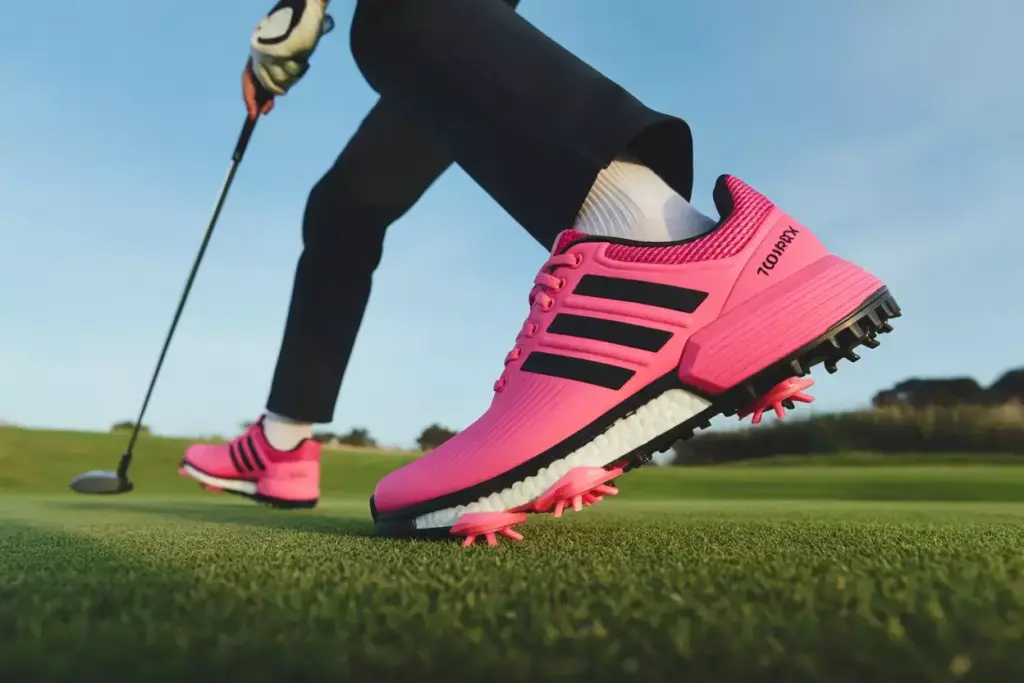 Adidas tour360 xt shock pink golfer stride fairway action