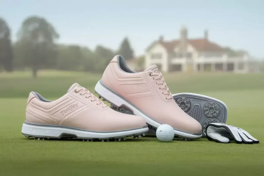 Footjoy pro sl blush pink spikeless shoe putting green flatlay
