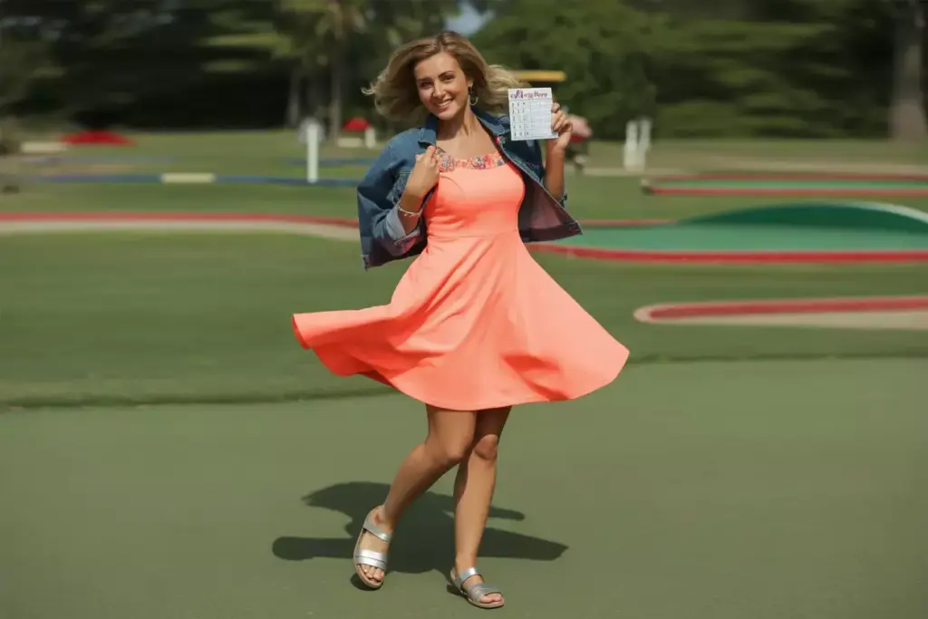 Floral Sundress With Pockets Twirling On Mini Golf Green