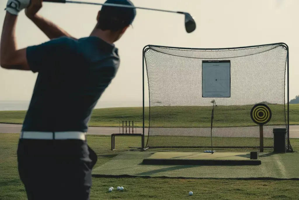Golfer Practicing Swing Into Large Net With Chipping Target In Backyard