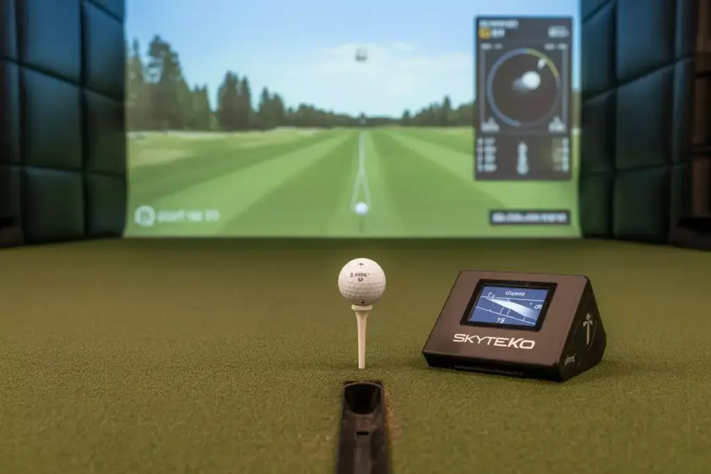 Launch Monitor Positioned Behind Golf Ball On Mat With Data Overlay On Screen