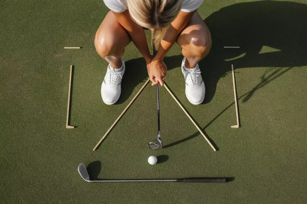 Overhead View Of Golf Alignment Sticks Ball Position And Feet Parallel To Target Line