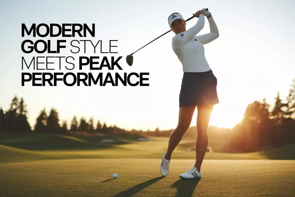 Modern female golfer in adidas apparel swinging on sunlit fairway