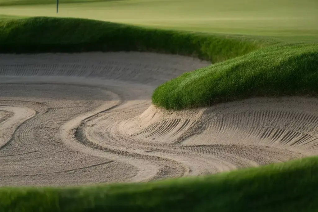 Artistic Detail Shot Of Raked Sand Bunker Texture Against Manicured Green And Rough Grass