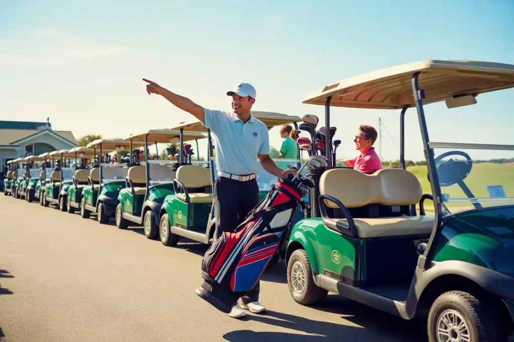 Cart Attendant Assists Golfers Loading Bags At Staging Area