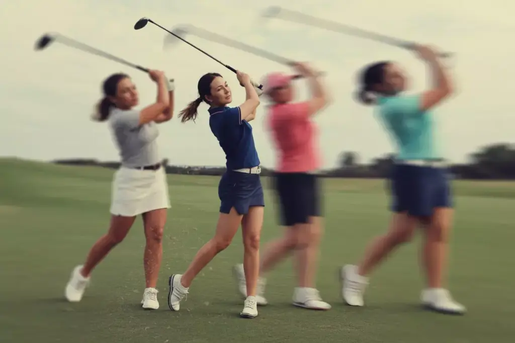 Female Golfer In Fluid Swing Motion Showing Smooth Tempo And Rhythm On Driving Range