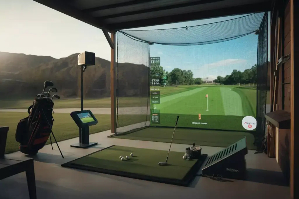 High Tech Golf Simulator With Launch Monitor And Impact Screen In Covered Patio
