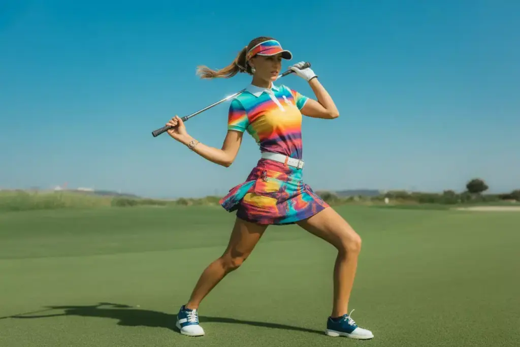 1 confident female golfer in bold colorful geometric print outfit on fairway