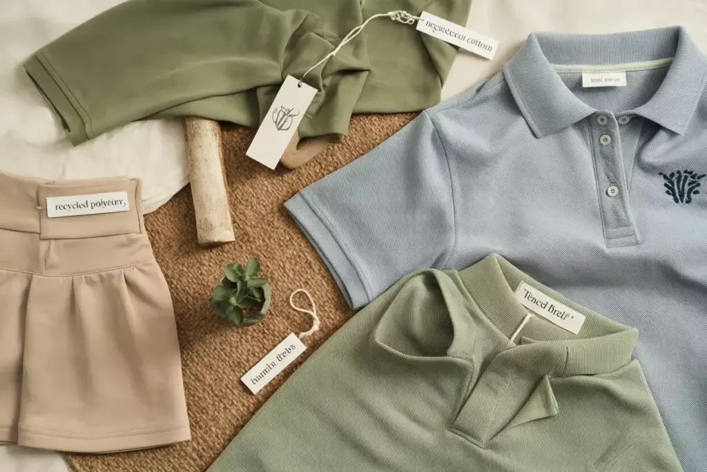 2 flat lay of sustainable golf apparel made from recycled polyester organic cotton