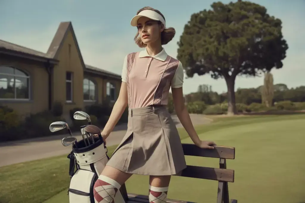 3 female golfer in high waisted shorts argyle vest retro style