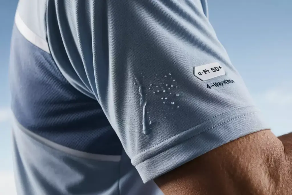 5 close up of moisture wicking golf shirt fabric with mesh panels