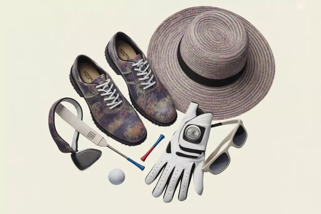 6 flat lay of bold spikeless golf shoes and matching colorful accessories