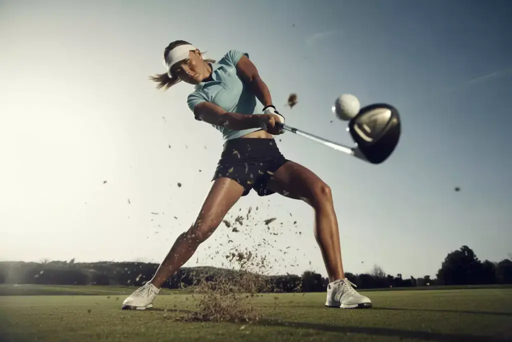 Athletic Female Golfer At Impact Showing Hip Rotation Core Engagement And Ground Force