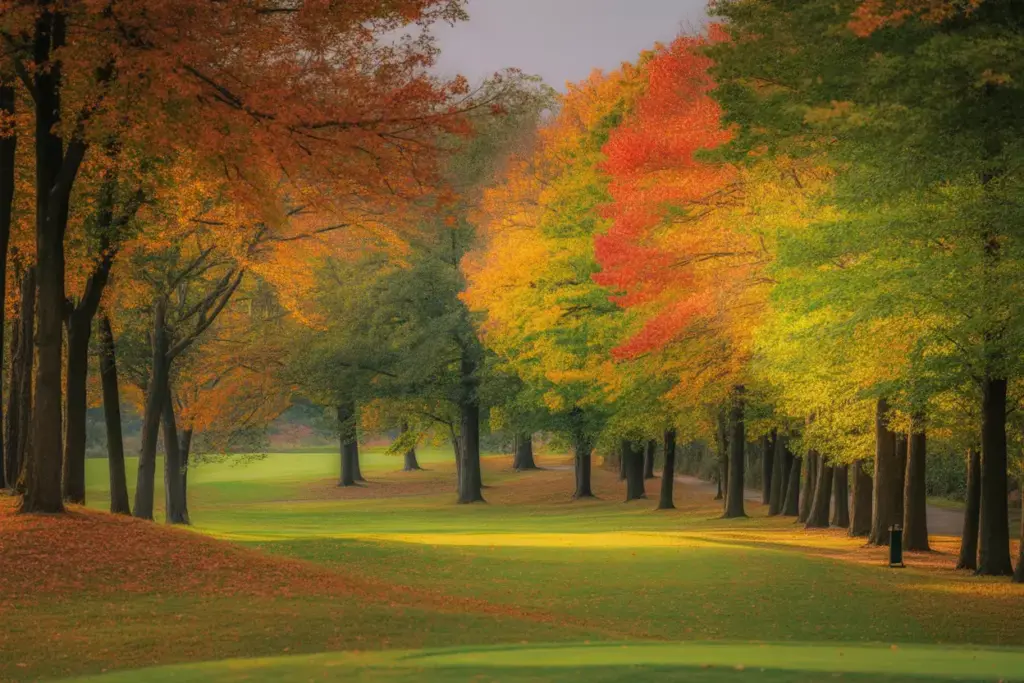 Autumn Foliage Tunnel Of Colorful Trees Along A Lush Green Golf Course Fairway