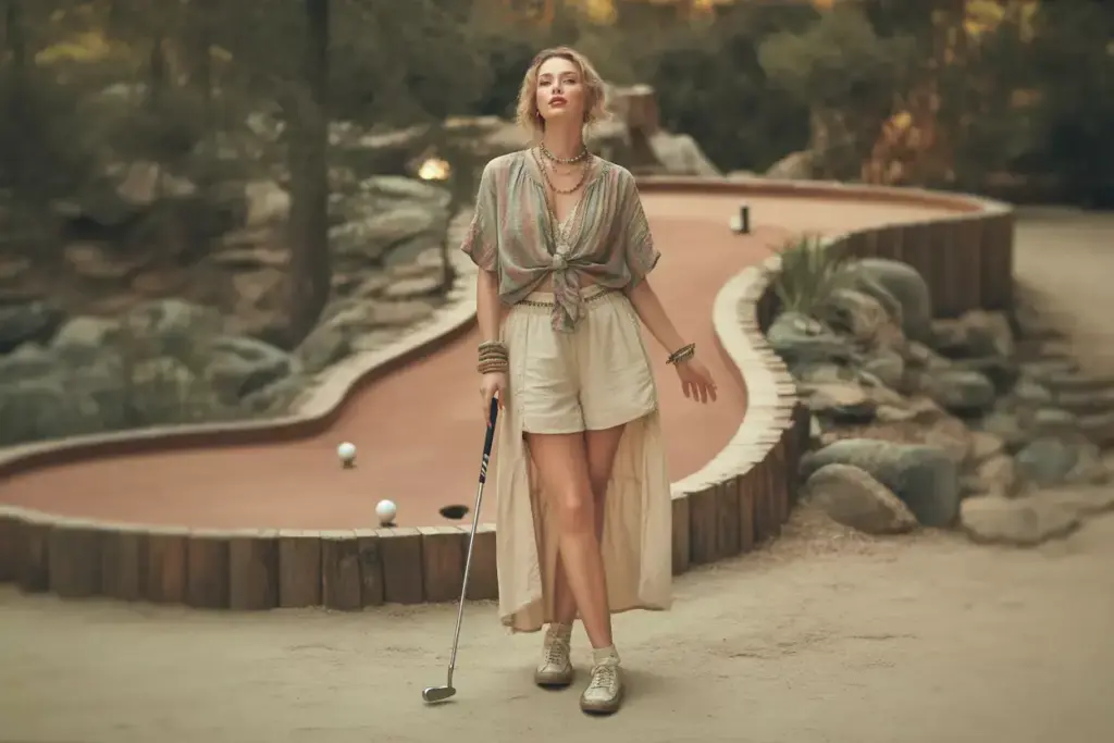 Flowy Boho Top And Shorts On Rustic Mini Golf Course
