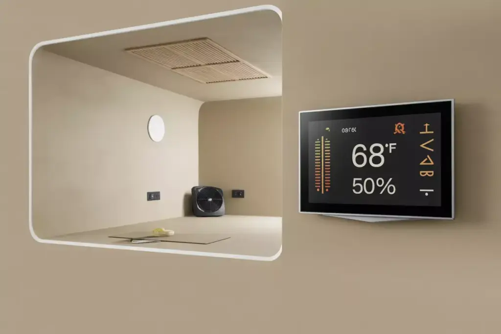 Modern Thermostat And Hvac Vent In Comfortable Golf Simulator Room