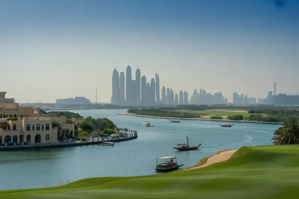 Panoramic View Of Golf Course Dubai Creek And City Skyline