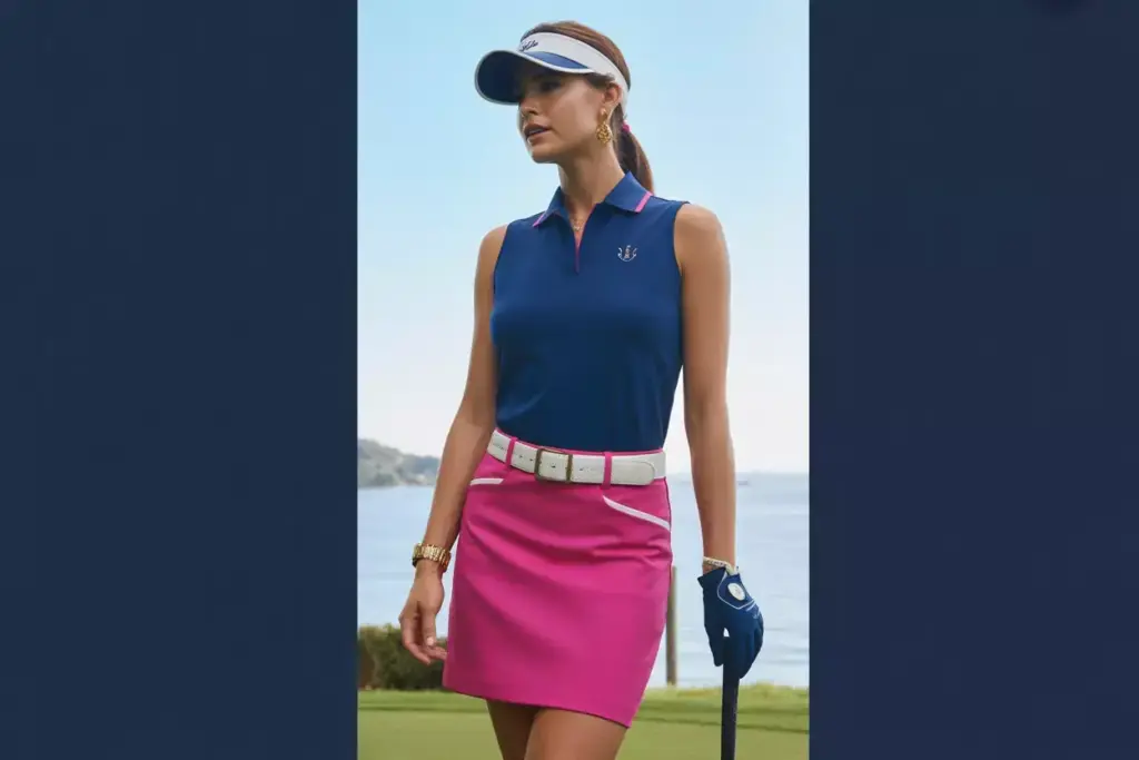 Navy blue top and gold accessories with hot pink skirt coastal