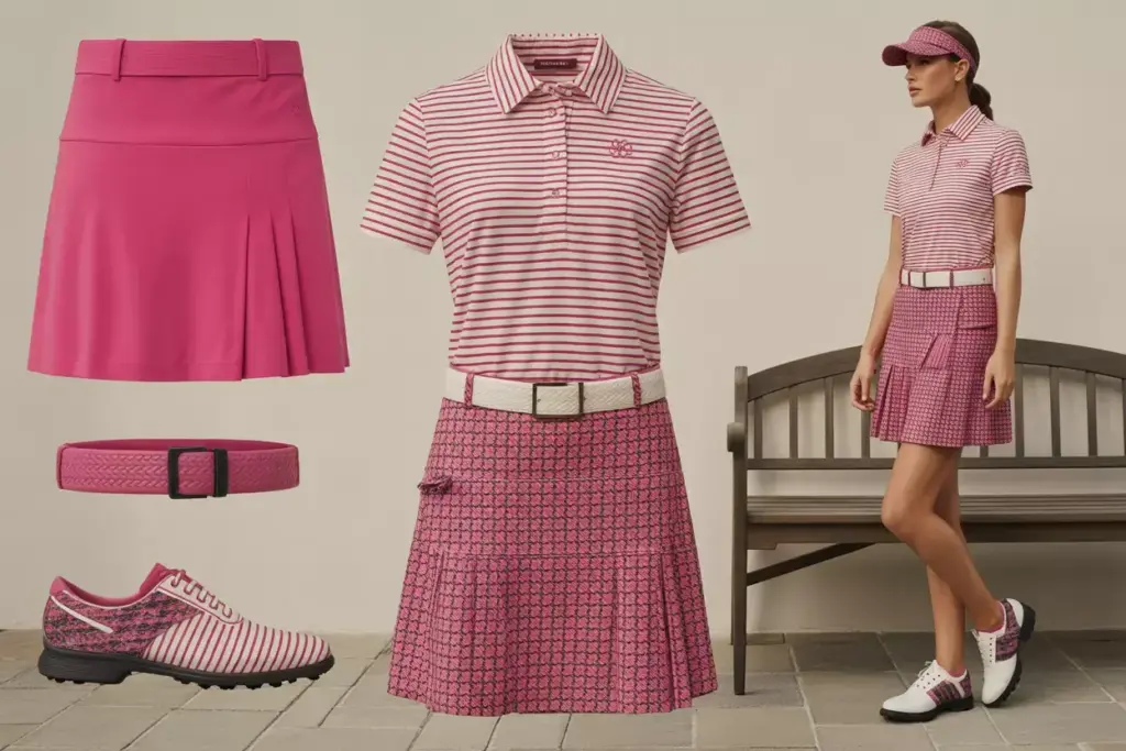 Patterned top and textured skirt with coordinated accessories display