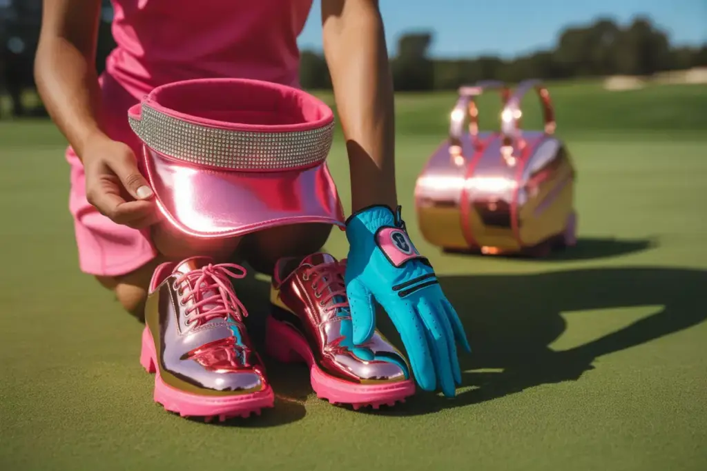 Metallic shoes and embellished visor with hot pink skirt detail