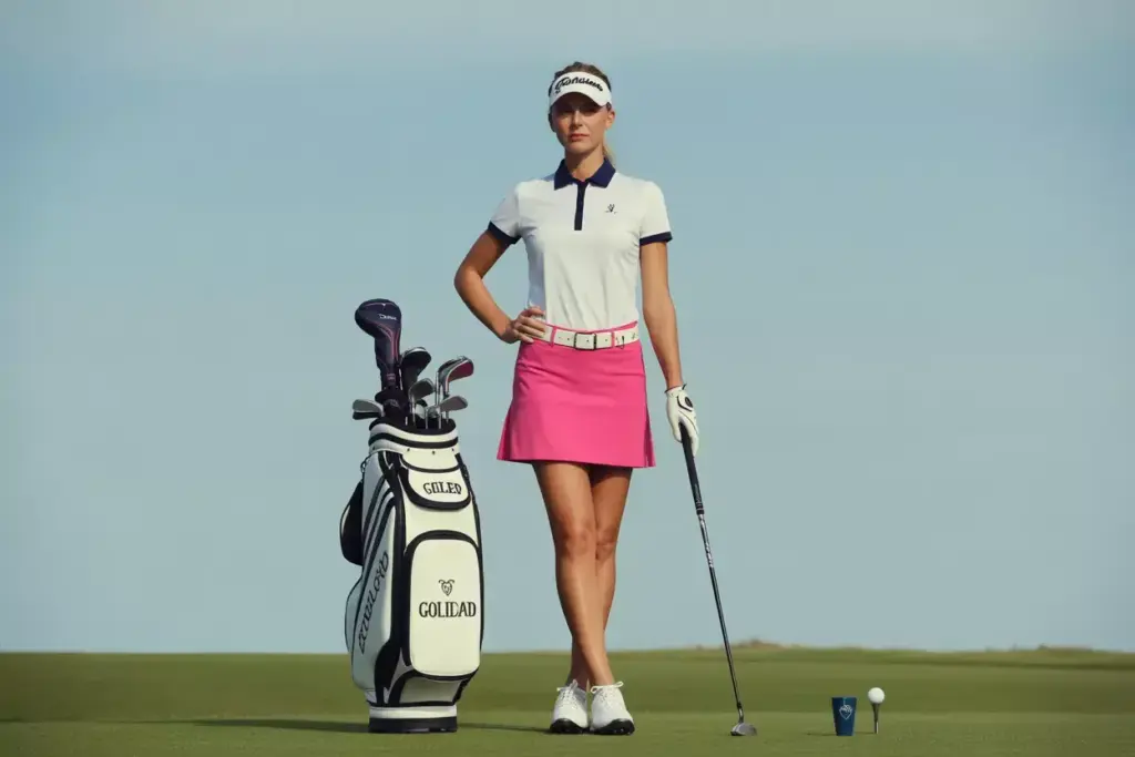 Polished performance outfit with coordinated bag on tee box