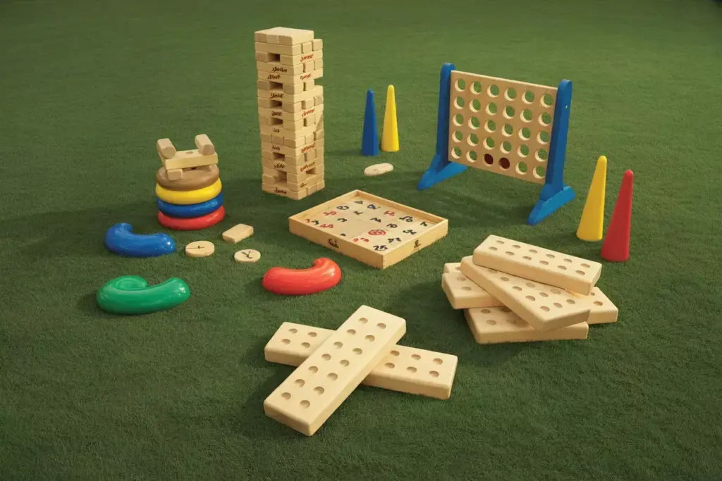 Collection Of Giant Lawn Games Including Jenga Yahtzee And Connect Four On Grass