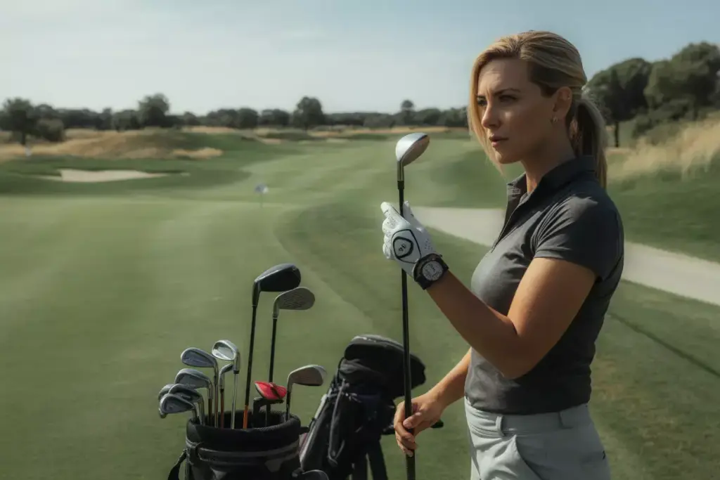 Female Golfer On Fairway Contemplating Club Choice With Rangefinder And Golf Bag