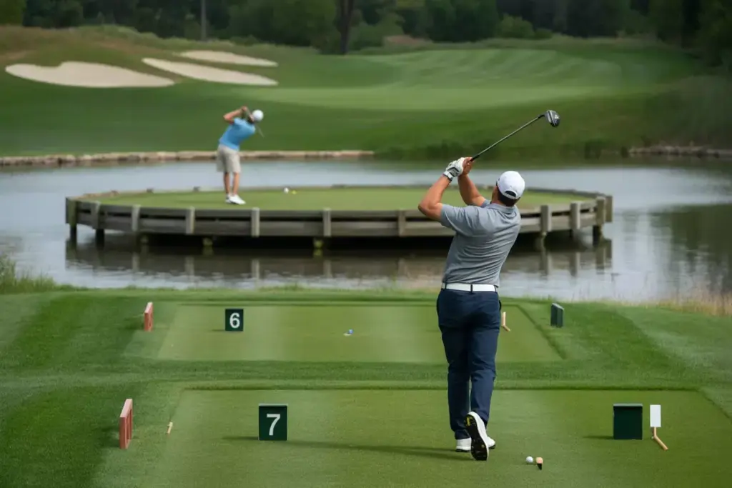 Golfer Practicing On Driving Range With Floating Tee Platform