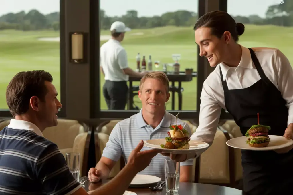 Server Presents Meal To Golfers In Upscale Clubhouse Restaurant